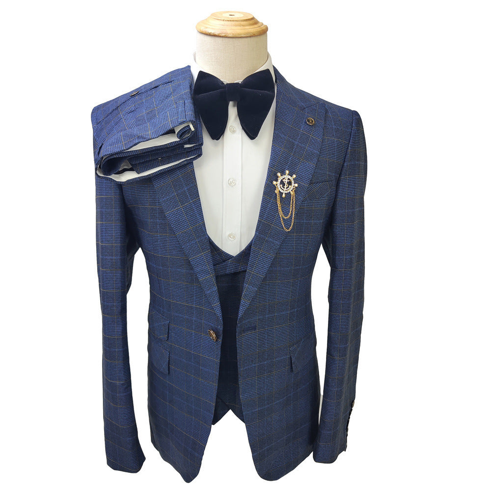 Business Slim-fit Plaid Striped Men's Suit Set