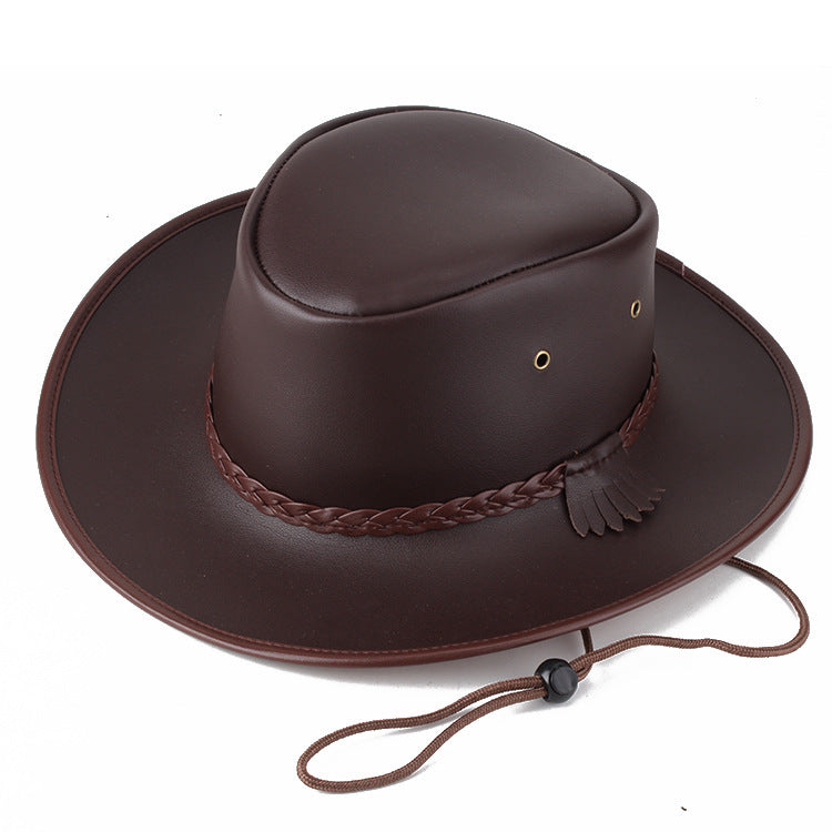 Solid Colour Leather Cord Large Brimmed Sun Visor Cowboy Hat