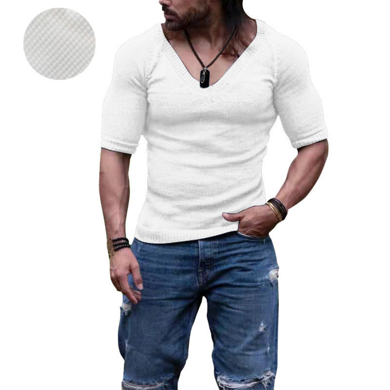 Men's Summer Slim V-neck Solid Color Thin Short Sleeve