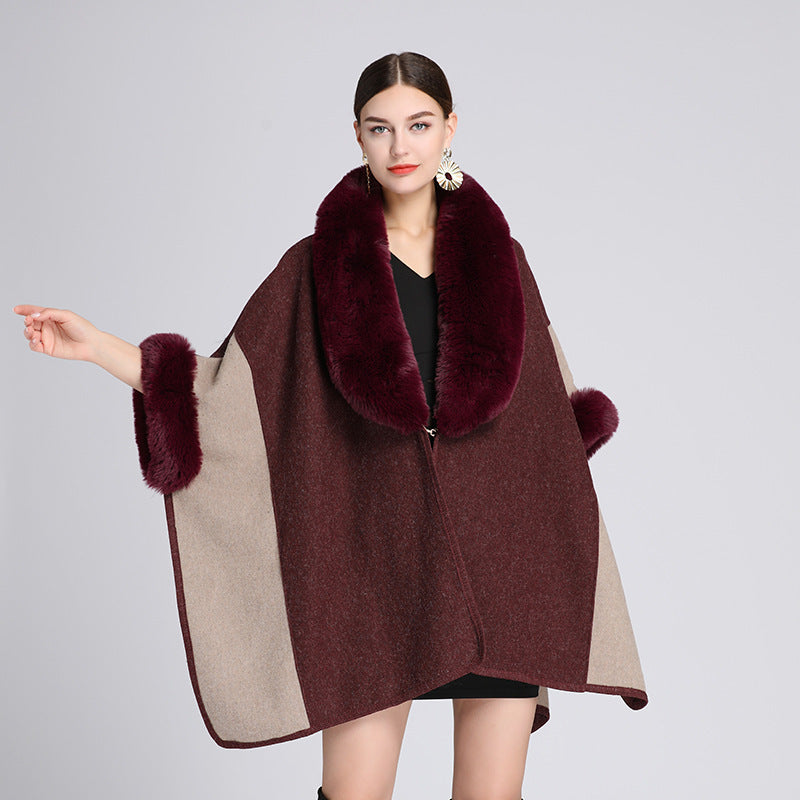 Imitation Rex Rabbit Fur Collar Cape And Shawl Women's Plus Size Loose Woolen Coat