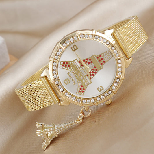 Simple Ladies Fashion Diamond-encrusted Steel Band Casual Gold Watch