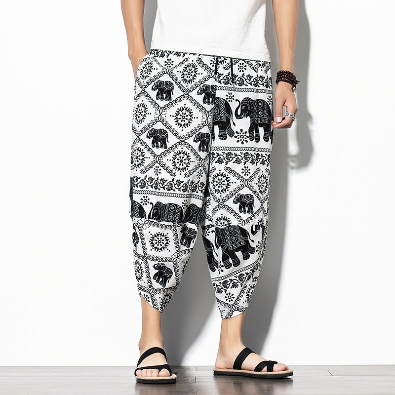 Printed Pants Baggy Cotton And Linen Loose Casual Cropped Pants