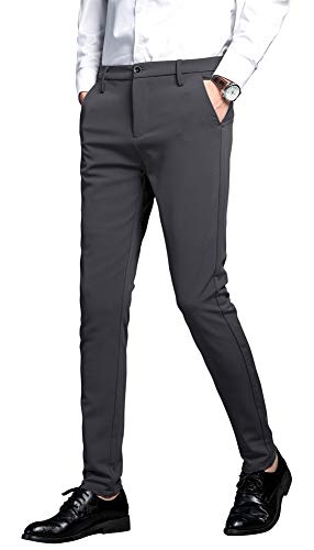 Plaid&Plain Men's Stretch Dress Pants Slim Fit Skinny Suit Pants