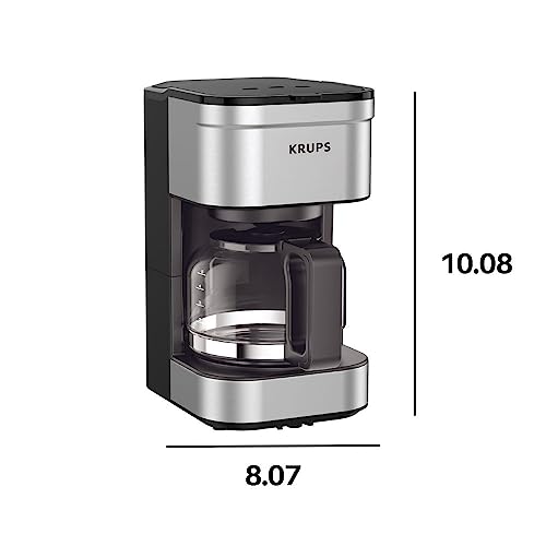 Krups, Coffee Maker, Simply Brew Stainless Steel 5 Cup, Keep Warm Function, Reusable Coffee Filter, Ultra Compact 650 Watts, Drip Free, Cold Brew, Dishwasher Safe Pot, Silver and Black