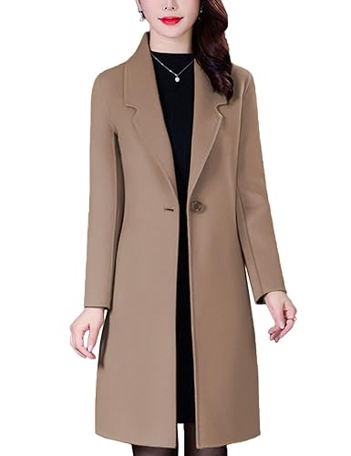 Bankeng Women Winter Wool Blend Camel Mid-Long Coat Notch Double-Breasted Lapel Jacket Outwear