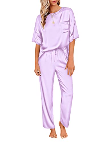 Ekouaer Womens Satin Silky Pajama Set Short Sleeve Shirt with Long Pajama Pant Set Soft PJ Loungewear