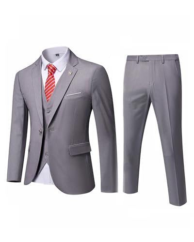 MYS Men's 3 Piece Slim Fit Suit Set, One Button Solid Jacket Vest Pants with Tie