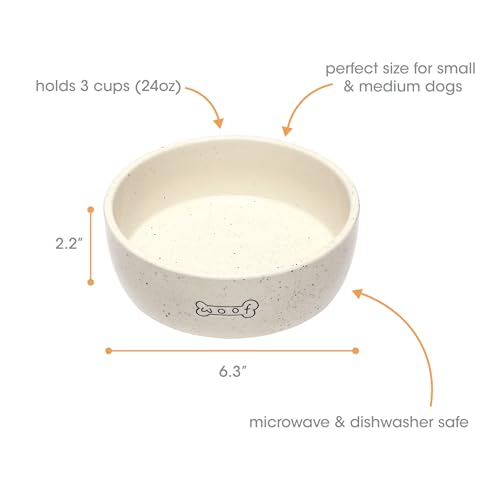 Pearhead Woof Pet Bowl, Dog Water and Food Dish, Pet Owner Dog Accessory, Ceramic, White, Microwave and Dishwasher Safe, Holds 3 Cups, 24 oz