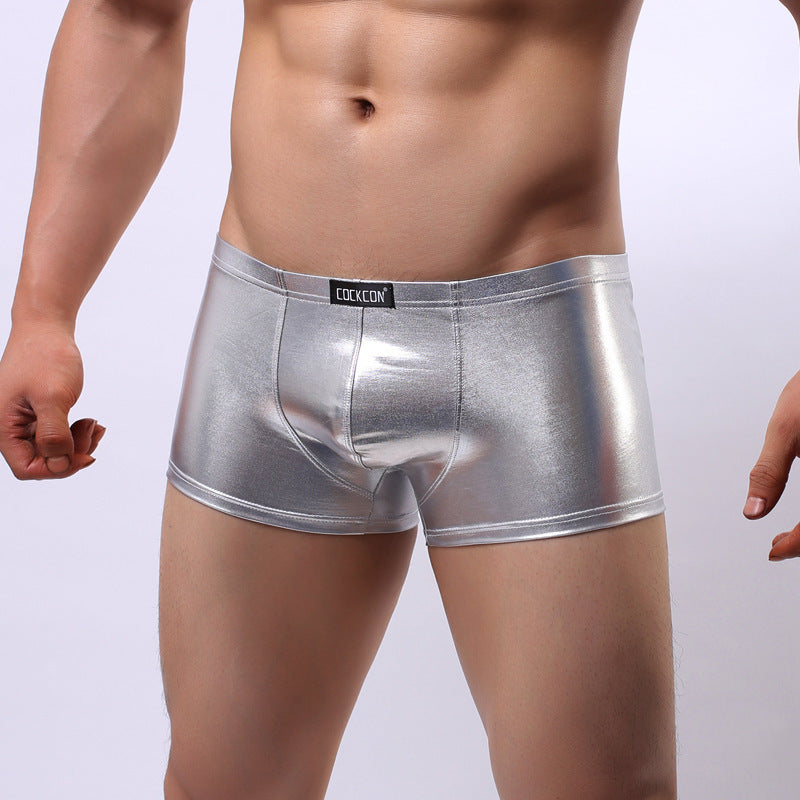 Men's low waist boxer briefs sexy body smooth patent leather faux leather hip briefs