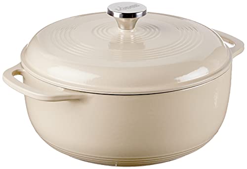 Lodge 6 Quart Enameled Cast Iron Dutch Oven with Lid – Dual Handles – Oven Safe up to 500° F or on Stovetop - Use to Marinate, Cook, Bake, Refrigerate and Serve – Oyster White