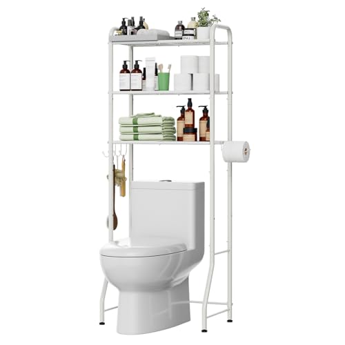 Over The Toilet Storage Rack, Metal 3 Tier Bathroom Organizer Shelf with Paper Holder and 3 Hooks, White