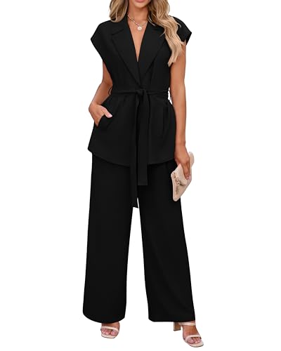 PRETTYGARDEN Women's Summer 2 Piece Outfits 2024 Cap Sleeve V Neck Blazer Vest Wide Leg Pant Sets Office Work Clothes