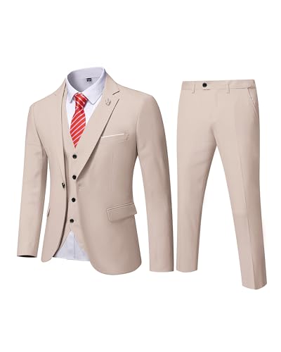 MYS Men's 3 Piece Slim Fit Suit Set, One Button Solid Jacket Vest Pants with Tie