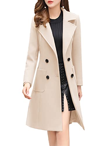 Bankeng Women Winter Wool Blend Camel Mid-Long Coat Notch Double-Breasted Lapel Jacket Outwear