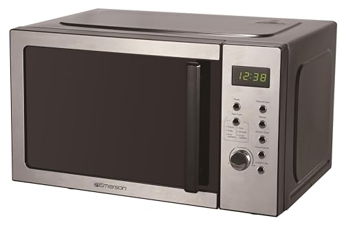 Emerson MW7601SL Compact Countertop Microwave Oven with Sleek Mirrored Finish Door 10 Power Levels, 6 Auto Menus, Glass Turntable and Child Safe Lock, 0.7 Cu. Ft, Silver