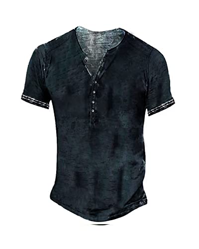 Mens Distressed Henley Shirts Retro Short Sleeve Tee Shirts Casual Button Down Washed T-Shirts for Men