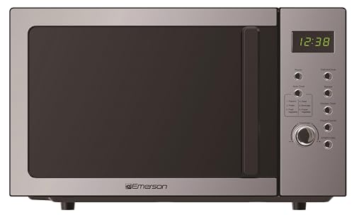 Emerson MW7601SL Compact Countertop Microwave Oven with Sleek Mirrored Finish Door 10 Power Levels, 6 Auto Menus, Glass Turntable and Child Safe Lock, 0.7 Cu. Ft, Silver