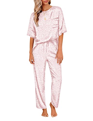 Ekouaer Womens Satin Silky Pajama Set Short Sleeve Shirt with Long Pajama Pant Set Soft PJ Loungewear