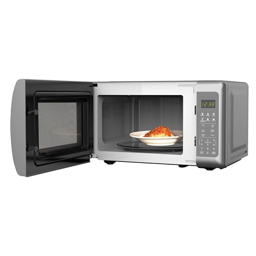 Emerson MW7601SL Compact Countertop Microwave Oven with Sleek Mirrored Finish Door 10 Power Levels, 6 Auto Menus, Glass Turntable and Child Safe Lock, 0.7 Cu. Ft, Silver