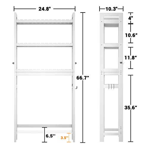 Homykic Over The Toilet Storage, Bamboo 3-Tier Over-The-Toilet Space Saver Organizer Rack, Stable Freestanding Above Toilet Stand with 3 Hooks for Bathroom, Restroom, Laundry, White