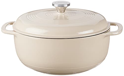 Lodge 6 Quart Enameled Cast Iron Dutch Oven with Lid – Dual Handles – Oven Safe up to 500° F or on Stovetop - Use to Marinate, Cook, Bake, Refrigerate and Serve – Oyster White