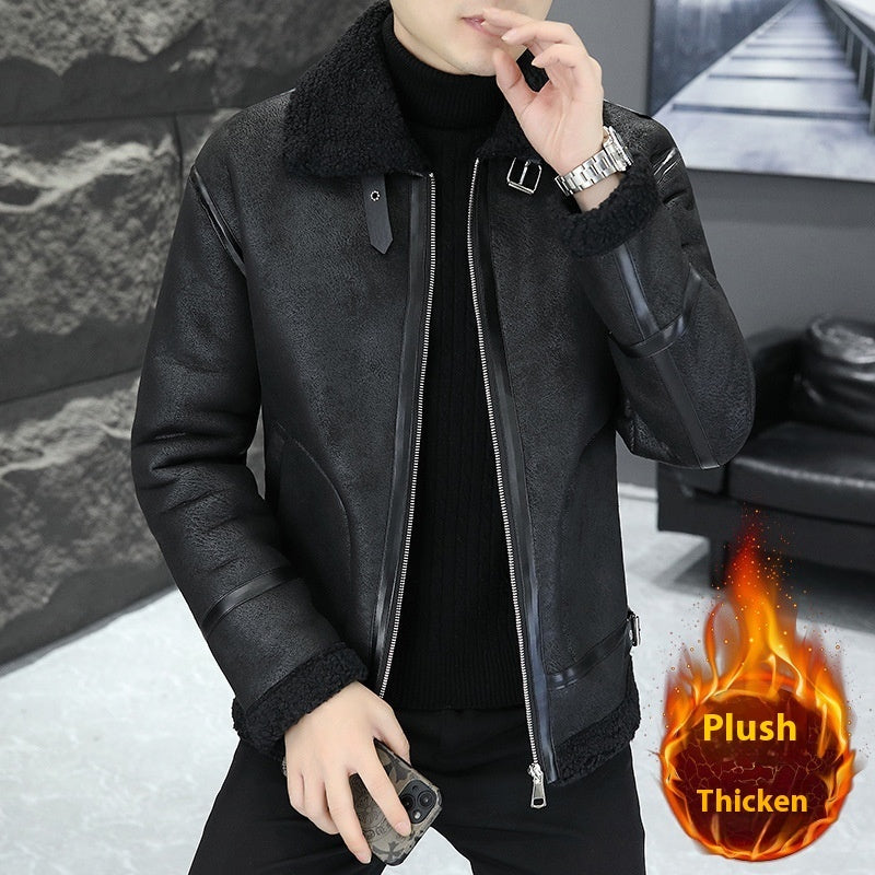 Men's Winter Fleece-lined Thick Suede Leather Jacket