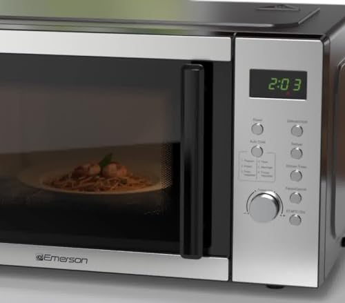 Emerson MW7601SL Compact Countertop Microwave Oven with Sleek Mirrored Finish Door 10 Power Levels, 6 Auto Menus, Glass Turntable and Child Safe Lock, 0.7 Cu. Ft, Silver