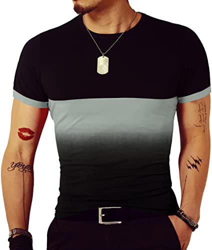 LOGEEYAR Mens Slim Fit T-Shirt Contrast Color Tee Gradient Stitching Short-Sleeve Cotton Tops