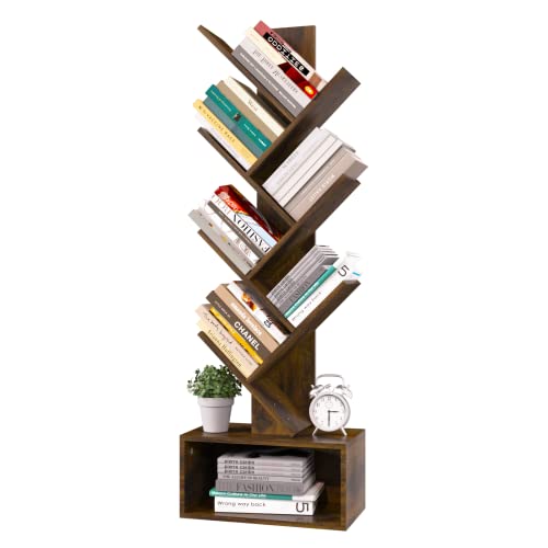 Yoobure Tree Bookshelf - 6 Shelf Retro Floor Standing Bookcase, Tall Wood Book Storage Rack for CDs/Movies/Books, Utility Book Organizer Shelves for Bedroom, Living Room, Home Office, Dark Grey