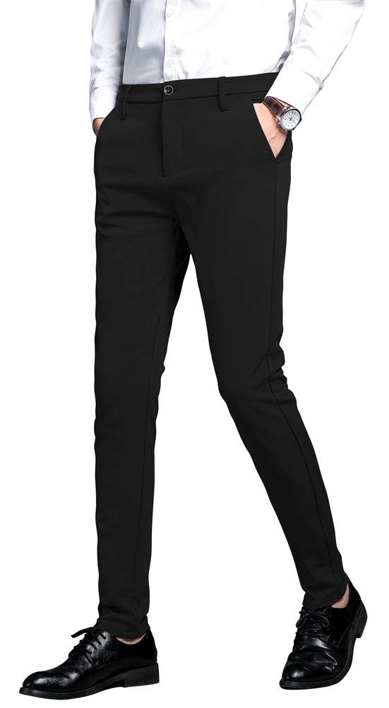 Plaid&Plain Men's Stretch Dress Pants Slim Fit Skinny Suit Pants