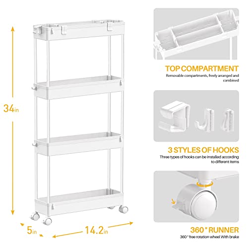 SPACELEAD Slim Storage Cart 4 Tier, Storage Organizer Rolling Utility/ Mobile Shelving Unit Slide Out Storage Cart for Office, Bathroom, Kitchen, Laundry Room & Narrow Places， Black