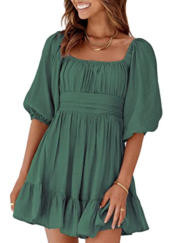 Dokotoo Womens Summer Dresses Square Neck Tie Back Lantern Sleeve Ruffle A-Line Casual Dress