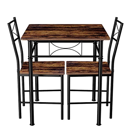 3-Piece Kitchen Dining Room Table Set for Small Spaces，Iron Wood Square Table with 2 Chairs for Kitchen Dining Room Furniture