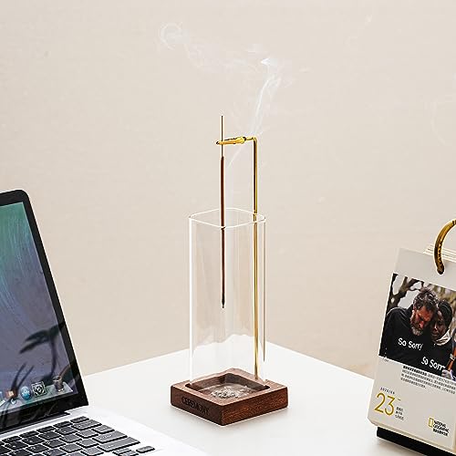 CEREMONY Incense Holder，Wood Incense Holder for Sticks with Glass Ash Catcher，Incense Burner for Meditation Yoga Spa Room Decor