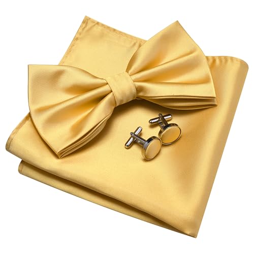 GUSLESON Mens Solid Color Double Fold Pre-tied Bow Tie and Pocket Square Cufflink Set with Gift Box