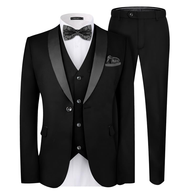 MAGE MALE Men's Slim Fit 3 Piece Suit One Button Solid Shawl Lapel Blazer Jacket Vest Pants Set with Tie Pocket Square