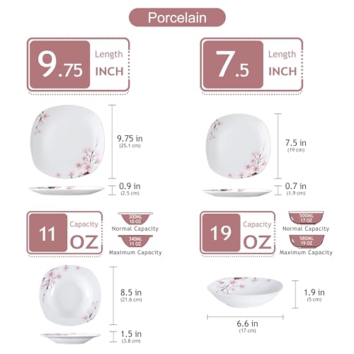 VEWEET, Series Annie, Porcelain Dinnerware Sets for 6, White Dish Set with Pink Floral, 30 PCS Dinner Sets Including Dinner Plates, Dessert Plates, Soup Plates Set, Cups & Saucers