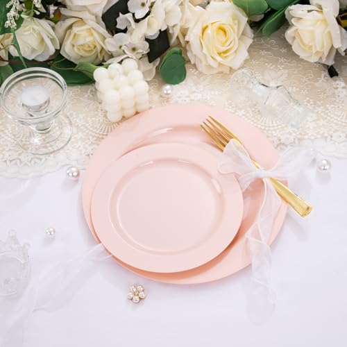 FLOWERCAT 60PCS Pink Plastic Plates - Heavy Duty Pink Plates Disposable for Party/Mother's Day/Wedding - Include 30PCS 10.25inch Pink Dinner Plates and 30PCS 7.5inch Pink Dessert/Salad Plates