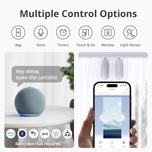 SwitchBot Automatic Curtain Opener - Bluetooth Remote Control Smart Curtain with App/Timer, Upgraded High-Performance Motor, Add SwitchBot Hub to Work with Alexa, Google Home, HomeKit (Curtain 3, Rod)