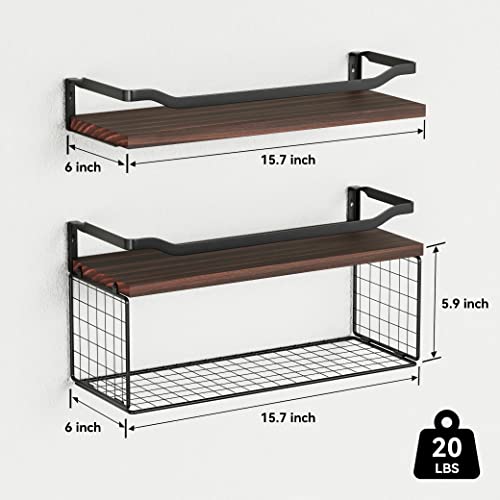 WOPITUES Floating Shelves with Wire Storage Basket, Bathroom Shelves Over Toilet with Protective Metal Guardrail, Wood Wall Shelves for Bathroom, Bedroom, Living Room, Toilet Paper-Black