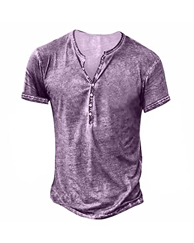 Mens Distressed Henley Shirts Retro Short Sleeve Tee Shirts Casual Button Down Washed T-Shirts for Men