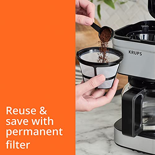 Krups, Coffee Maker, Simply Brew Stainless Steel 5 Cup, Keep Warm Function, Reusable Coffee Filter, Ultra Compact 650 Watts, Drip Free, Cold Brew, Dishwasher Safe Pot, Silver and Black