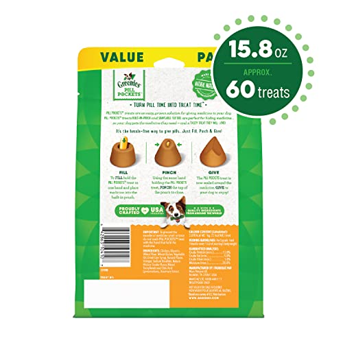 Greenies Pill Pockets for Dogs Capsule Size Natural Soft Dog Treats Chicken Flavor, 15.8 oz. Pack (60 Treats)