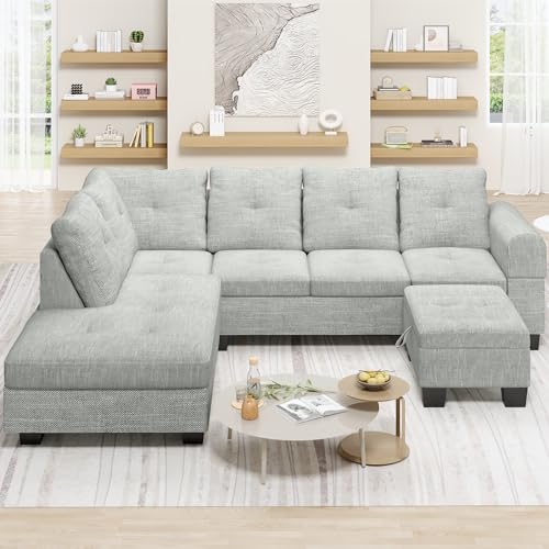 Lamerge Sectional Sofa Couch Set w/Ottoman &Chaise, Upholstered L Shape Modular Sofa Couch with 6 Seats, Living Room Furniture Sofa Sets, Button Tufted Comfy Sectional Couch for Living Room, Home