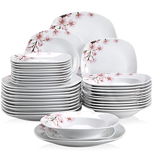 VEWEET, Series Annie, Porcelain Dinnerware Sets for 6, White Dish Set with Pink Floral, 30 PCS Dinner Sets Including Dinner Plates, Dessert Plates, Soup Plates Set, Cups & Saucers