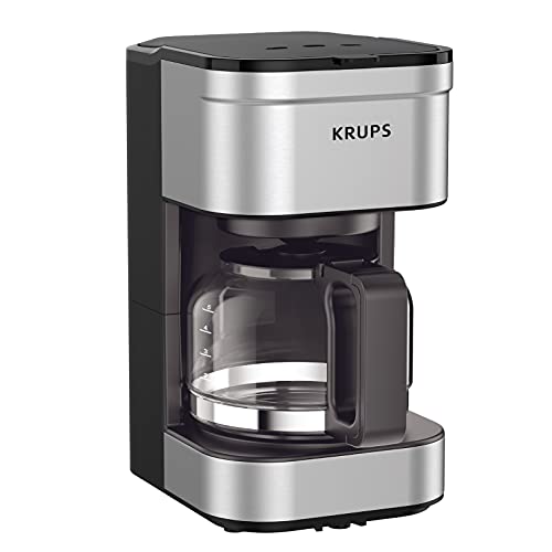 Krups, Coffee Maker, Simply Brew Stainless Steel 5 Cup, Keep Warm Function, Reusable Coffee Filter, Ultra Compact 650 Watts, Drip Free, Cold Brew, Dishwasher Safe Pot, Silver and Black