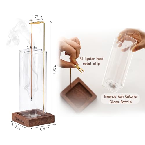 CEREMONY Incense Holder，Wood Incense Holder for Sticks with Glass Ash Catcher，Incense Burner for Meditation Yoga Spa Room Decor