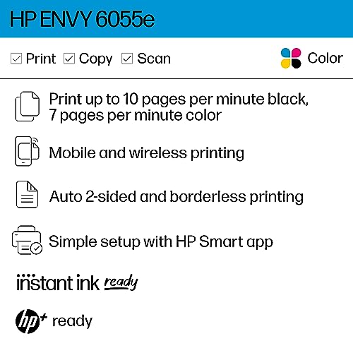 HP ENVY 6055e Wireless Color Inkjet Printer, Print, scan, copy, Easy setup, Mobile printing, Best-for-home, Instant Ink with HP+ (3 months included),white