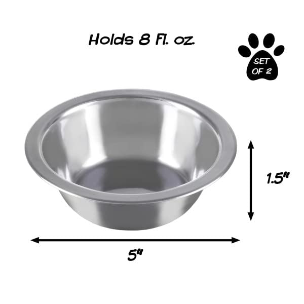 Set of 2 Stainless-Steel Dog Bowls - Cage, Kennel, and Crate Hanging Pet Bowls for Food and Water - 8oz Each and Dishwasher Safe by PETMAKER, Silver