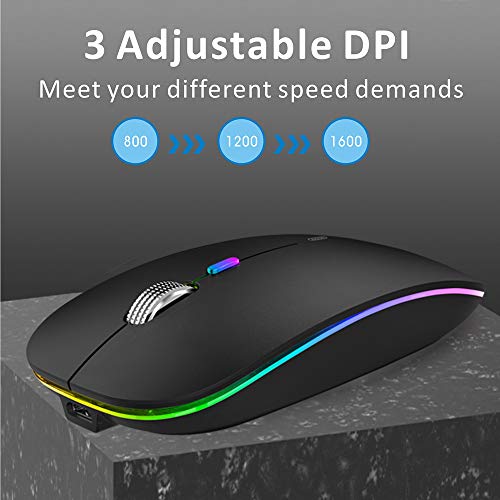 Uiosmuph LED Wireless Mouse, G12 Slim Rechargeable Silent Mouse, 2.4G Portable USB Optical Computer Mice with USB Receiver and Type C Adapter (Matte Black)